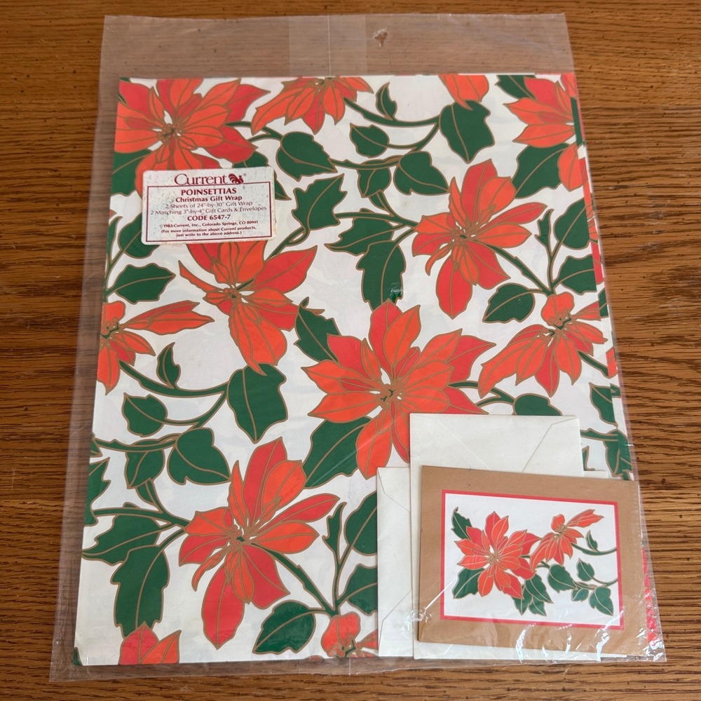 Vintage 1983 Current Poinsettias Christmas Gift Wrap‎ Set